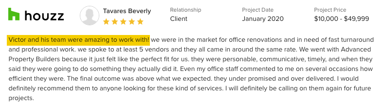 client testimonial on houzz